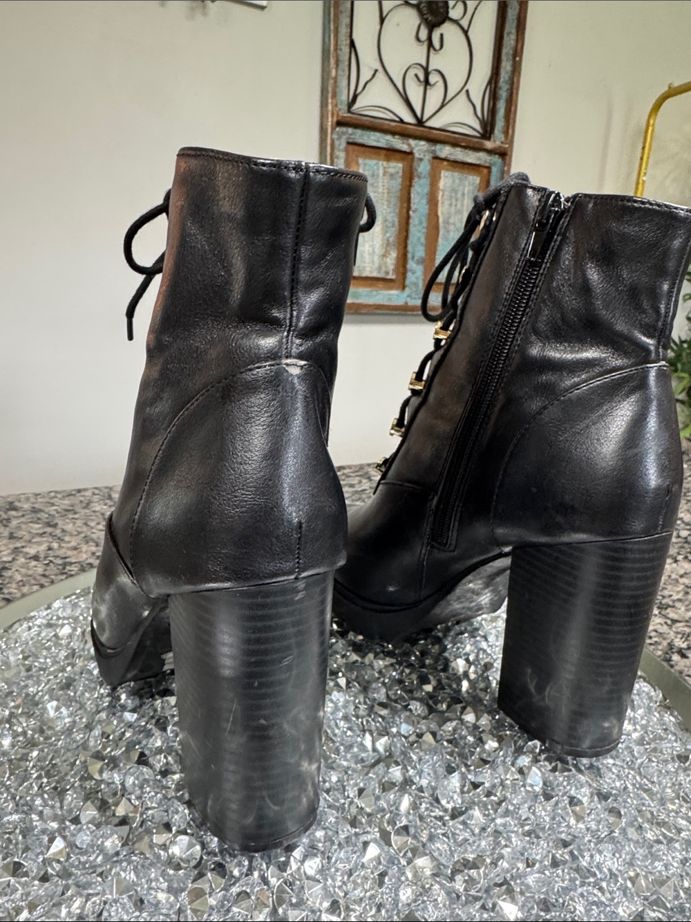 Express Black Lace-Up Platform Ankle Boots with Gold Hardware - Picture 8 of 16